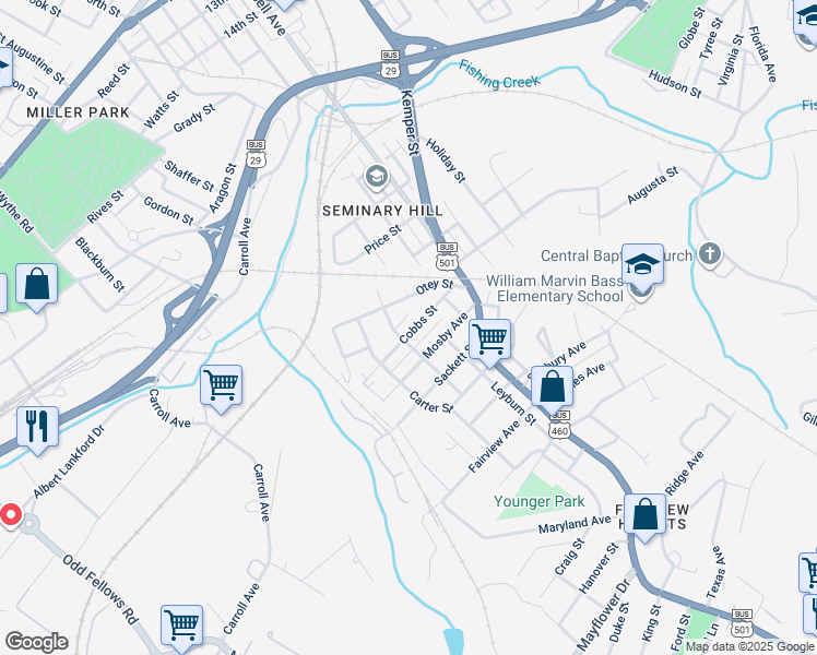 map of restaurants, bars, coffee shops, grocery stores, and more near 2345 Cobbs Street in Lynchburg
