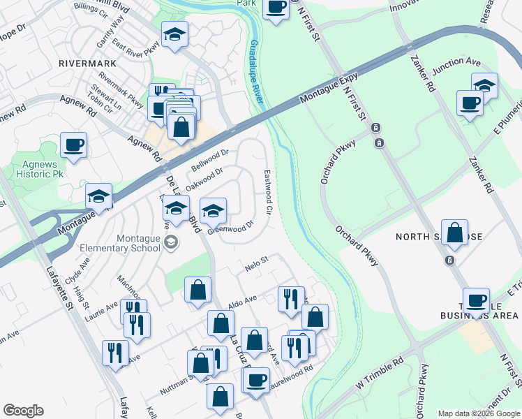 map of restaurants, bars, coffee shops, grocery stores, and more near 3672 Eastwood Circle in Santa Clara