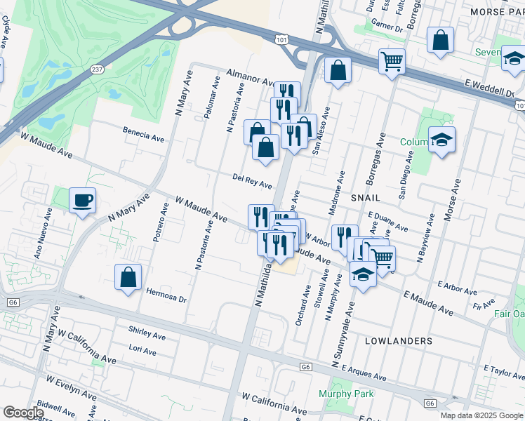 map of restaurants, bars, coffee shops, grocery stores, and more near 505 North Mathilda Avenue in Sunnyvale