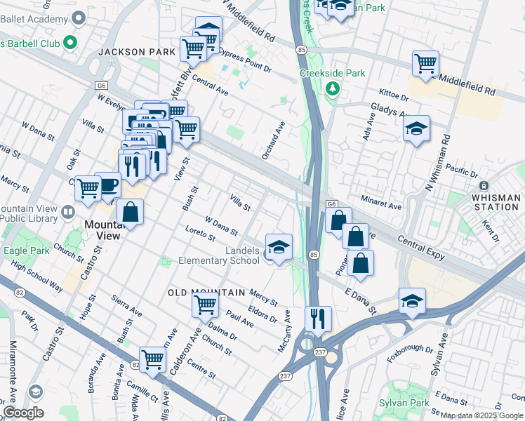 map of restaurants, bars, coffee shops, grocery stores, and more near 142 West Dana Street in Mountain View
