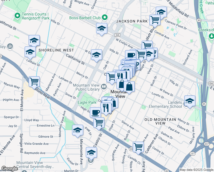 map of restaurants, bars, coffee shops, grocery stores, and more near 585 Franklin Street in Mountain View