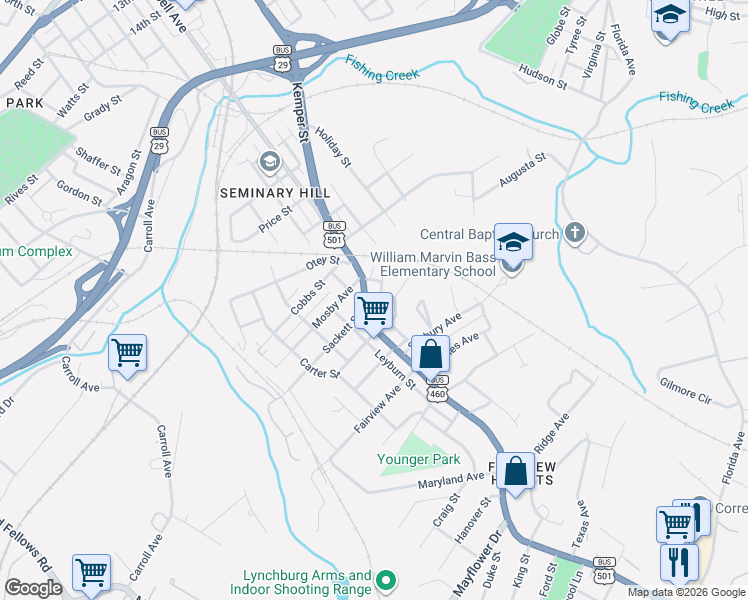 map of restaurants, bars, coffee shops, grocery stores, and more near 2110 Sackett Street in Lynchburg