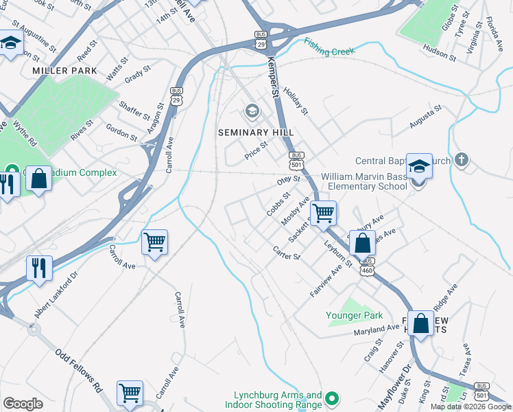map of restaurants, bars, coffee shops, grocery stores, and more near 2553 Carter Street in Lynchburg