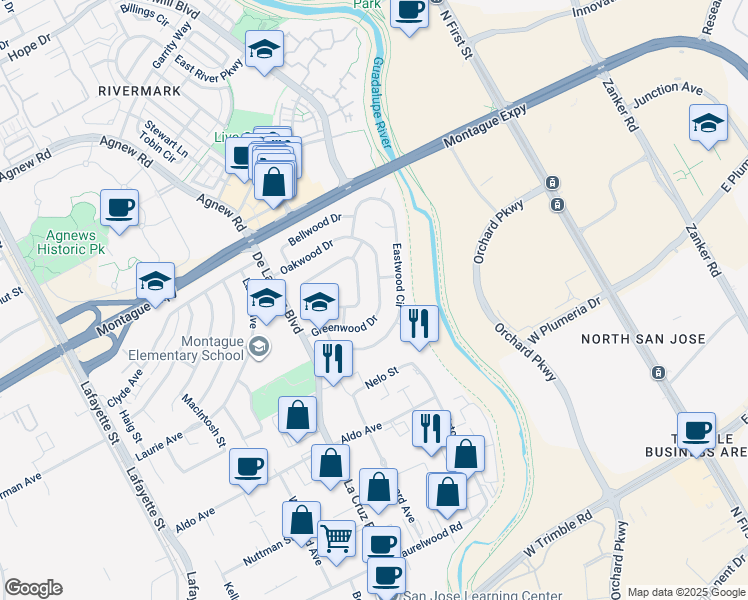 map of restaurants, bars, coffee shops, grocery stores, and more near 3697 Edgefield Drive in Santa Clara