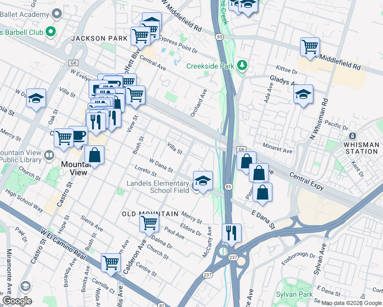 map of restaurants, bars, coffee shops, grocery stores, and more near 142 West Dana Street in Mountain View