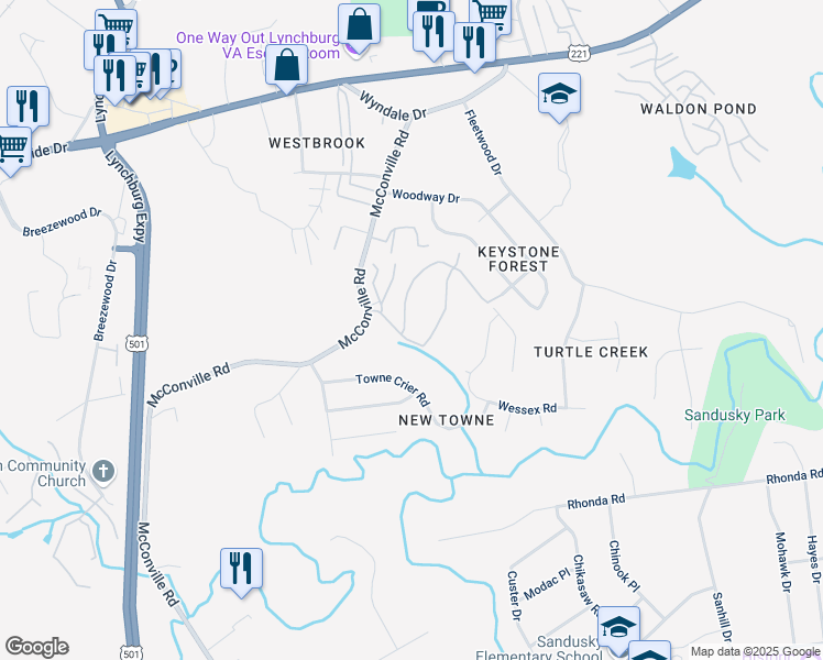 map of restaurants, bars, coffee shops, grocery stores, and more near 401 Kerry Lane in Lynchburg