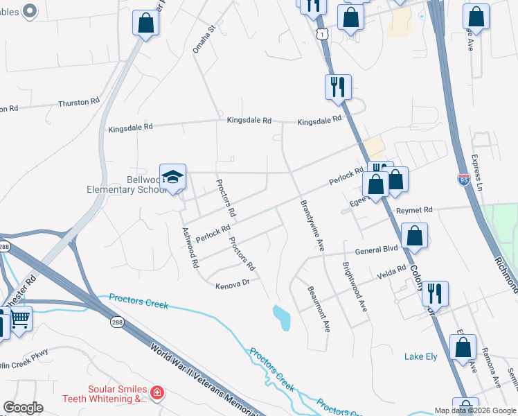map of restaurants, bars, coffee shops, grocery stores, and more near 2931 Perlock Road in Richmond