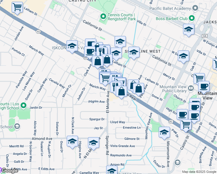 map of restaurants, bars, coffee shops, grocery stores, and more near 1005 El Monte Avenue in Mountain View