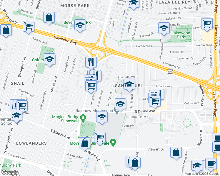 map of restaurants, bars, coffee shops, grocery stores, and more near 701 San Juan Drive in Sunnyvale