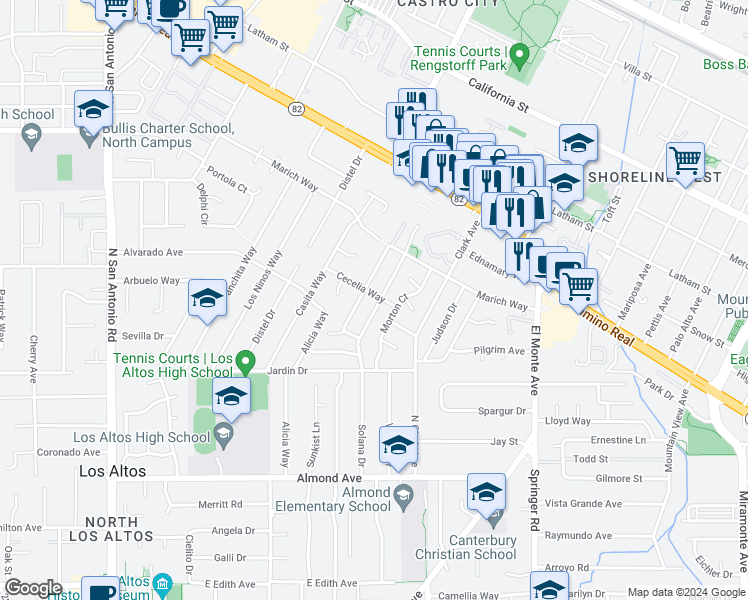map of restaurants, bars, coffee shops, grocery stores, and more near 1102 Solana Drive in Mountain View