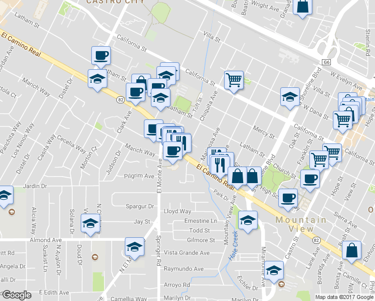 map of restaurants, bars, coffee shops, grocery stores, and more near 1709 West El Camino Real in Mountain View