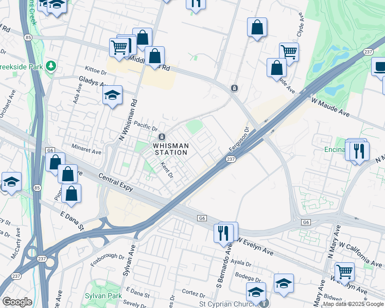 map of restaurants, bars, coffee shops, grocery stores, and more near 364 Ferguson Drive in Mountain View