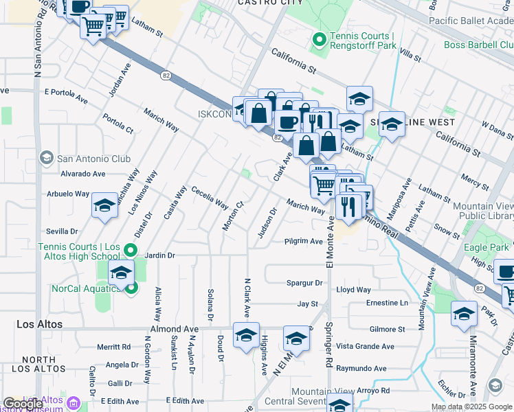 map of restaurants, bars, coffee shops, grocery stores, and more near 1116 Judson Drive in Mountain View