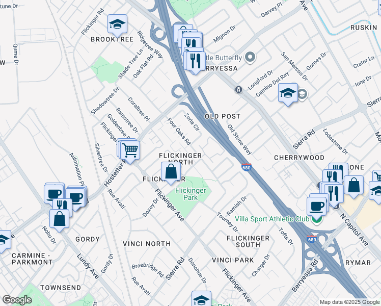 map of restaurants, bars, coffee shops, grocery stores, and more near 1502 Fujiko Drive in San Jose