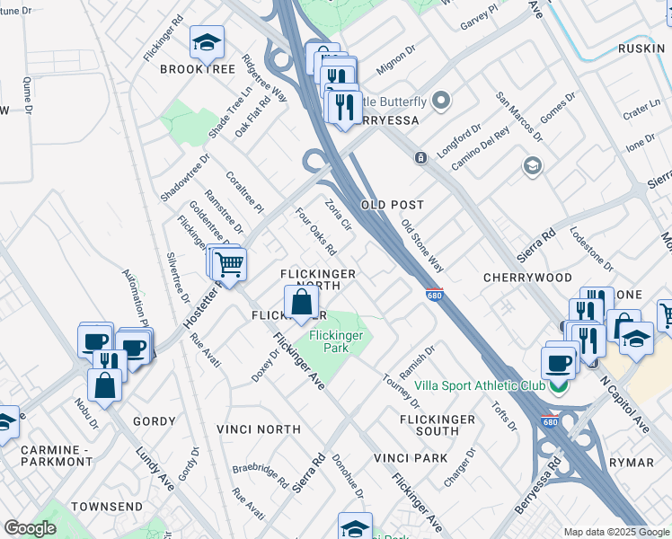 map of restaurants, bars, coffee shops, grocery stores, and more near 1502 Fujiko Drive in San Jose