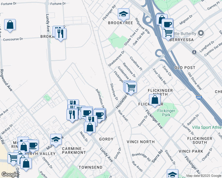 map of restaurants, bars, coffee shops, grocery stores, and more near 1704 Automation Parkway in San Jose