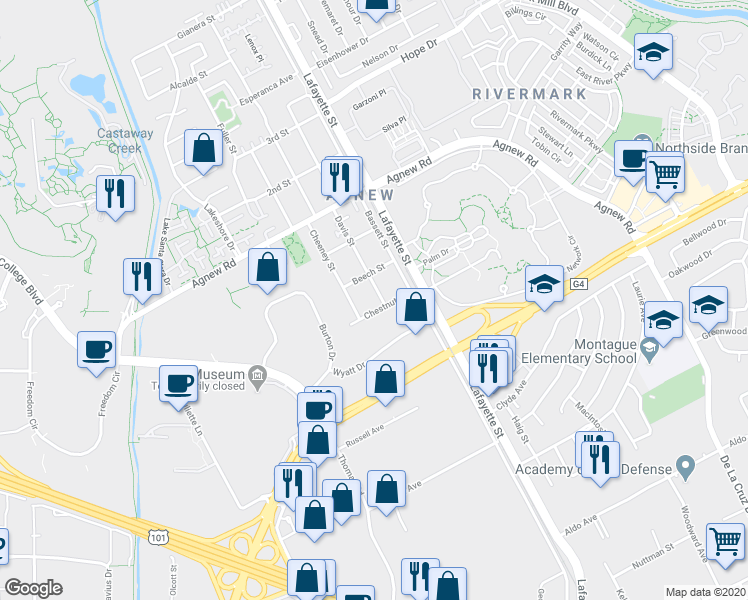 map of restaurants, bars, coffee shops, grocery stores, and more near 4003 Cheeney Street in Santa Clara