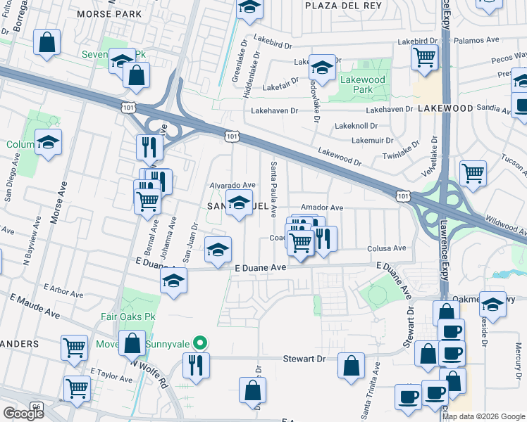map of restaurants, bars, coffee shops, grocery stores, and more near 726 San Pablo Avenue in Sunnyvale