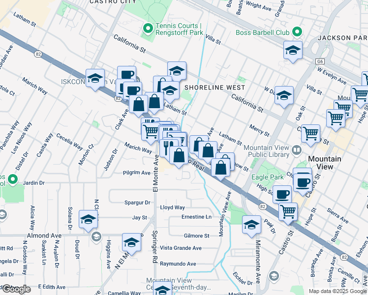 map of restaurants, bars, coffee shops, grocery stores, and more near in Mountain View