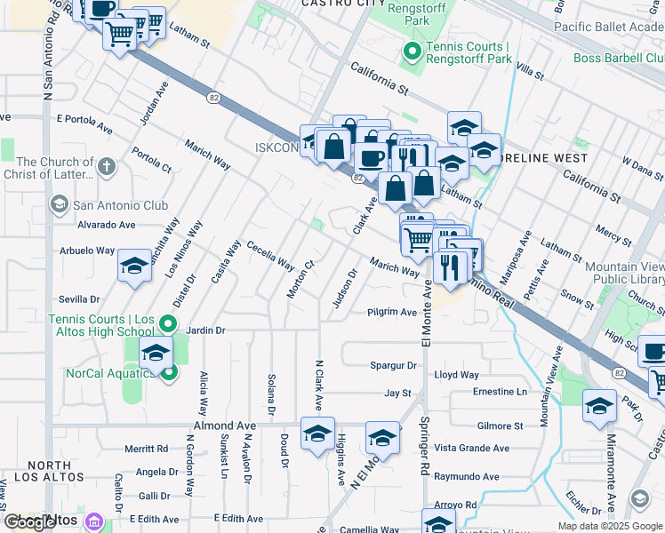 map of restaurants, bars, coffee shops, grocery stores, and more near 1116 Judson Drive in Mountain View