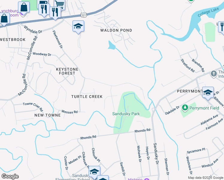 map of restaurants, bars, coffee shops, grocery stores, and more near 509 Fleetwood Drive in Lynchburg