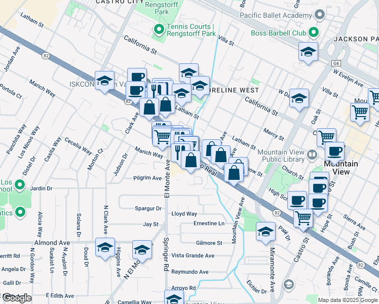 map of restaurants, bars, coffee shops, grocery stores, and more near 1720 El Camino Real in Mountain View