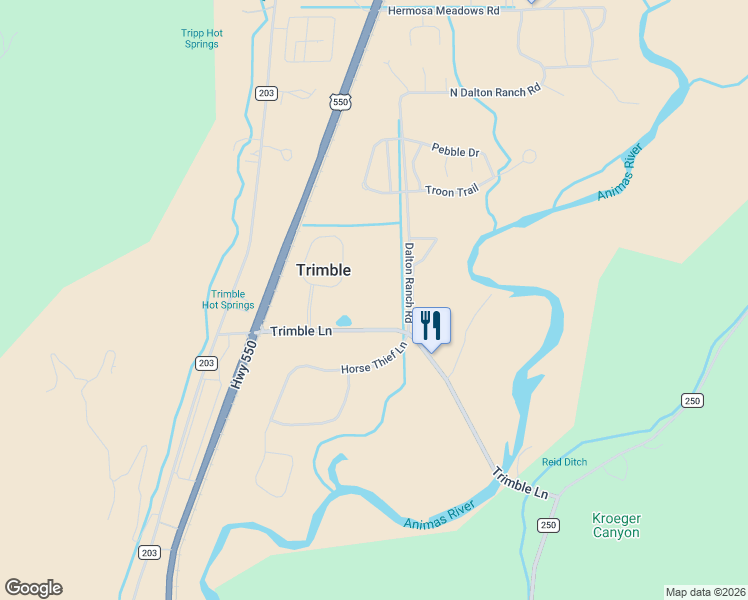 map of restaurants, bars, coffee shops, grocery stores, and more near 373 Co Road 252 in Durango