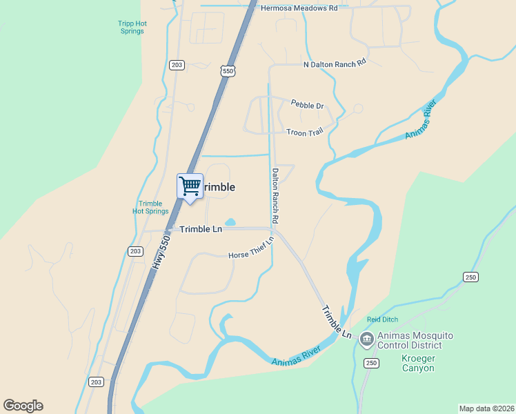 map of restaurants, bars, coffee shops, grocery stores, and more near Dalton Ranch Road in Durango