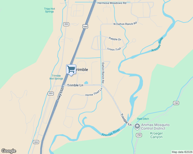 map of restaurants, bars, coffee shops, grocery stores, and more near Dalton Ranch Road in Durango