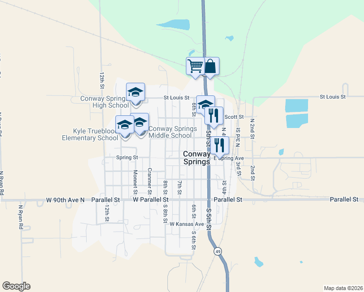 map of restaurants, bars, coffee shops, grocery stores, and more near 100 7th Street in Conway Springs