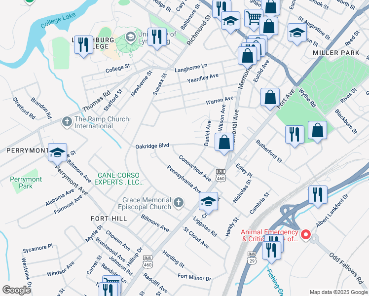 map of restaurants, bars, coffee shops, grocery stores, and more near 319 Oakridge Boulevard in Lynchburg