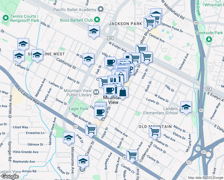 map of restaurants, bars, coffee shops, grocery stores, and more near 801 California Street in Mountain View