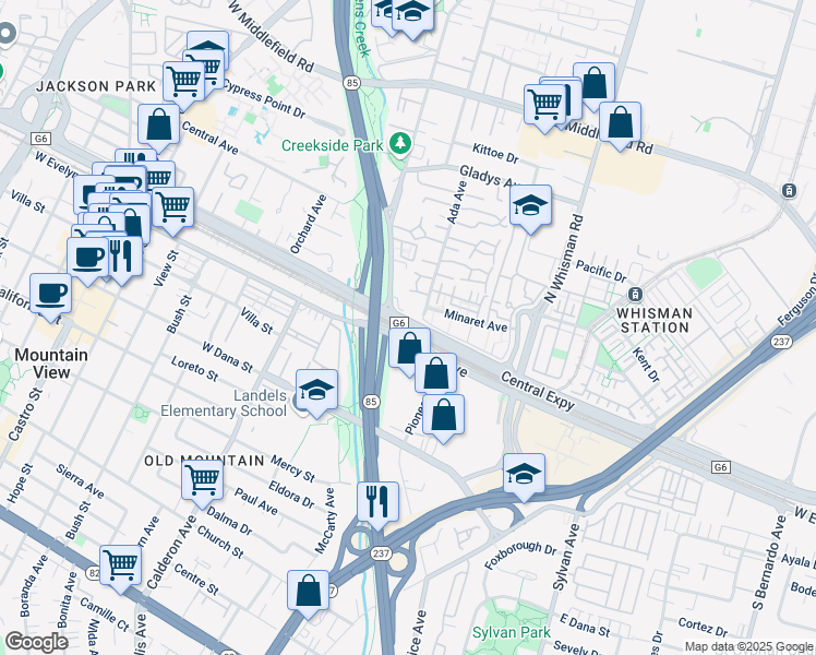 map of restaurants, bars, coffee shops, grocery stores, and more near 41 Central Expressway in Mountain View