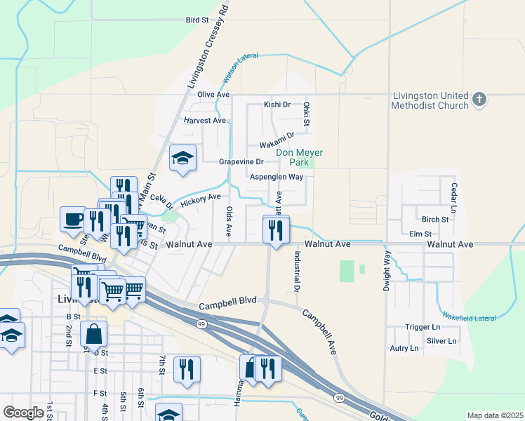 map of restaurants, bars, coffee shops, grocery stores, and more near 2050 Pajaro Court in Livingston
