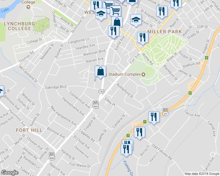 map of restaurants, bars, coffee shops, grocery stores, and more near 3563 Fort Avenue in Lynchburg