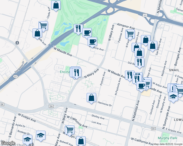 map of restaurants, bars, coffee shops, grocery stores, and more near 455 North Mary Avenue in Sunnyvale