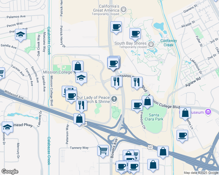 map of restaurants, bars, coffee shops, grocery stores, and more near 2809 Mission College Boulevard in Santa Clara