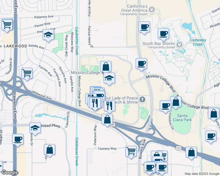 map of restaurants, bars, coffee shops, grocery stores, and more near in Santa Clara