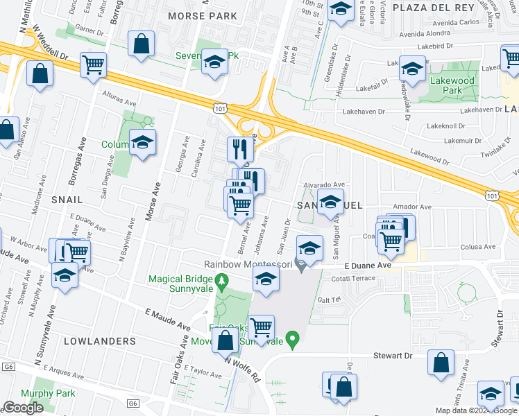 map of restaurants, bars, coffee shops, grocery stores, and more near 638 Caliente Drive in Sunnyvale