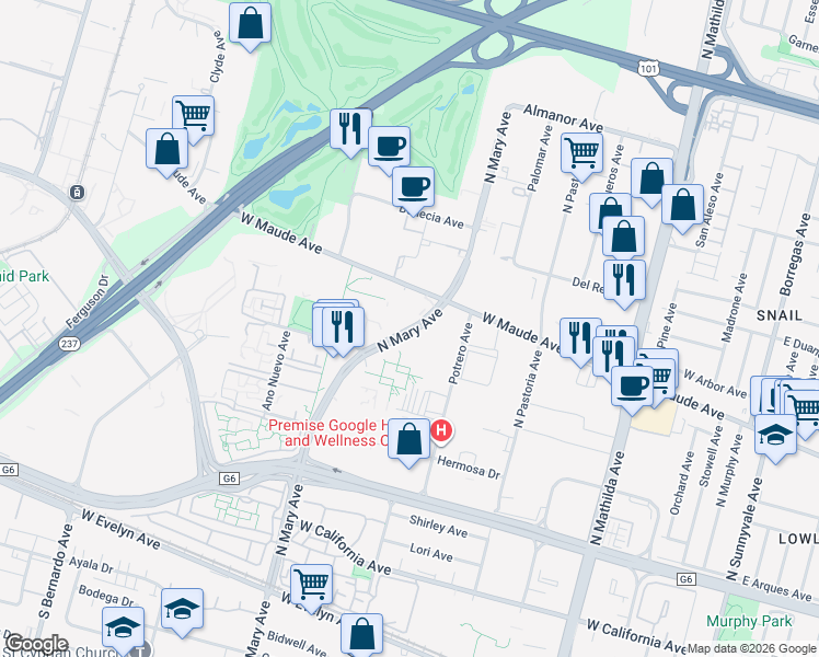 map of restaurants, bars, coffee shops, grocery stores, and more near 485 Potrero Avenue in Sunnyvale