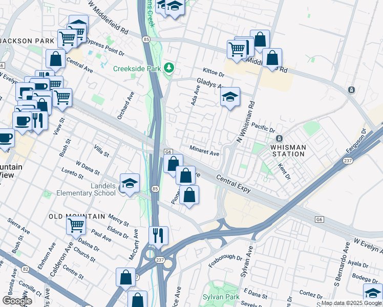 map of restaurants, bars, coffee shops, grocery stores, and more near in Mountain View