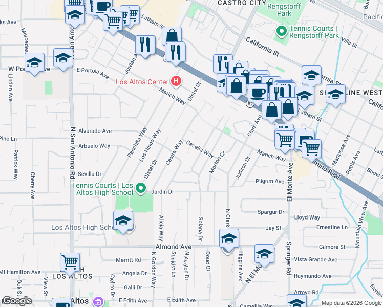 map of restaurants, bars, coffee shops, grocery stores, and more near 1156 Karen Way in Mountain View