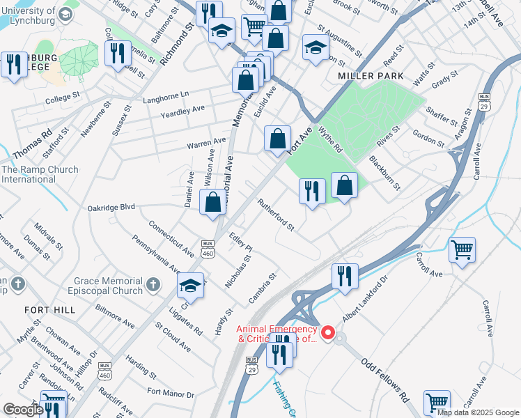 map of restaurants, bars, coffee shops, grocery stores, and more near 317 Rutherford Street in Lynchburg