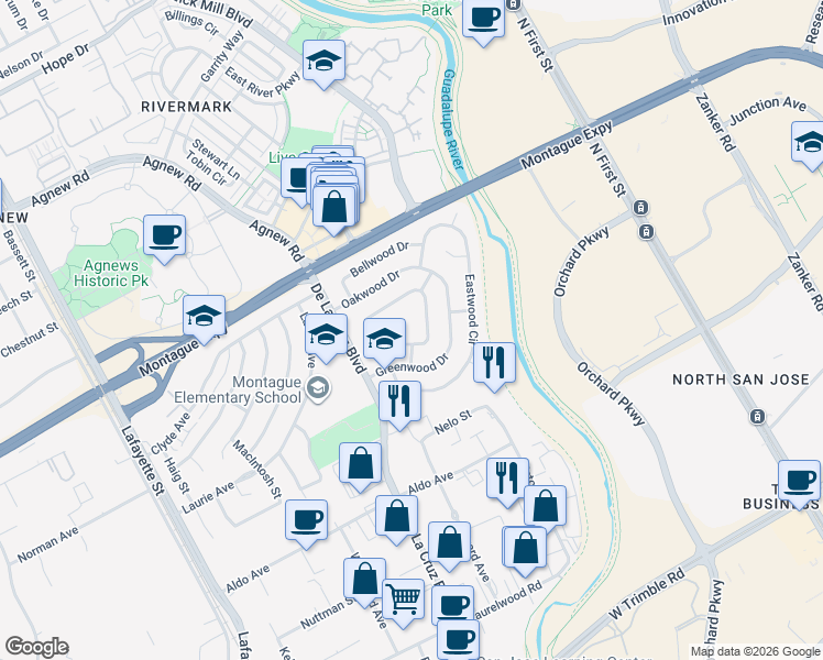 map of restaurants, bars, coffee shops, grocery stores, and more near 3775 Pinewood Place in Santa Clara