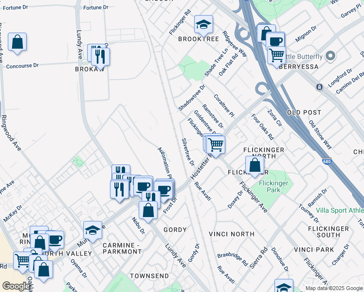 map of restaurants, bars, coffee shops, grocery stores, and more near 1699 Silvertree Drive in San Jose