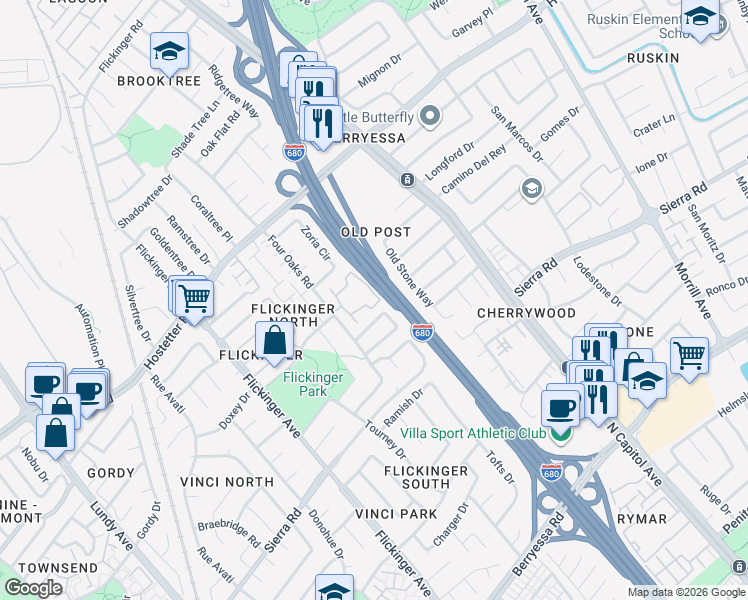 map of restaurants, bars, coffee shops, grocery stores, and more near 1452 Four Oaks Circle in San Jose