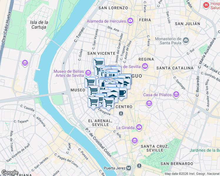 map of restaurants, bars, coffee shops, grocery stores, and more near 1 Plaza de la Magdalena in Sevilla