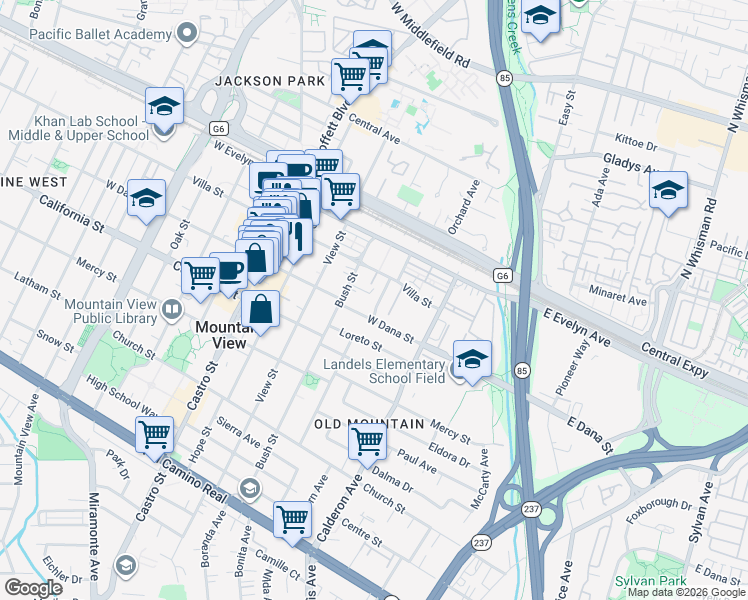 map of restaurants, bars, coffee shops, grocery stores, and more near 234 Houghton Street in Mountain View