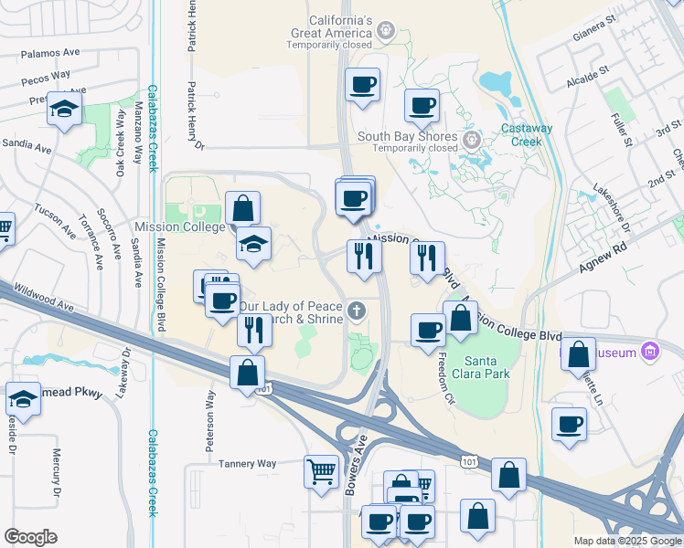 map of restaurants, bars, coffee shops, grocery stores, and more near 2804 Mission College Boulevard in Santa Clara