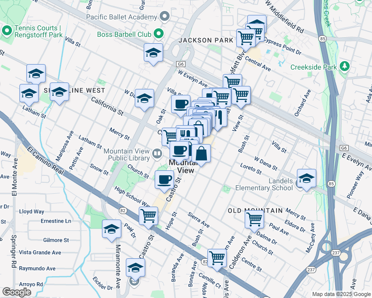 map of restaurants, bars, coffee shops, grocery stores, and more near 801 California Street in Mountain View